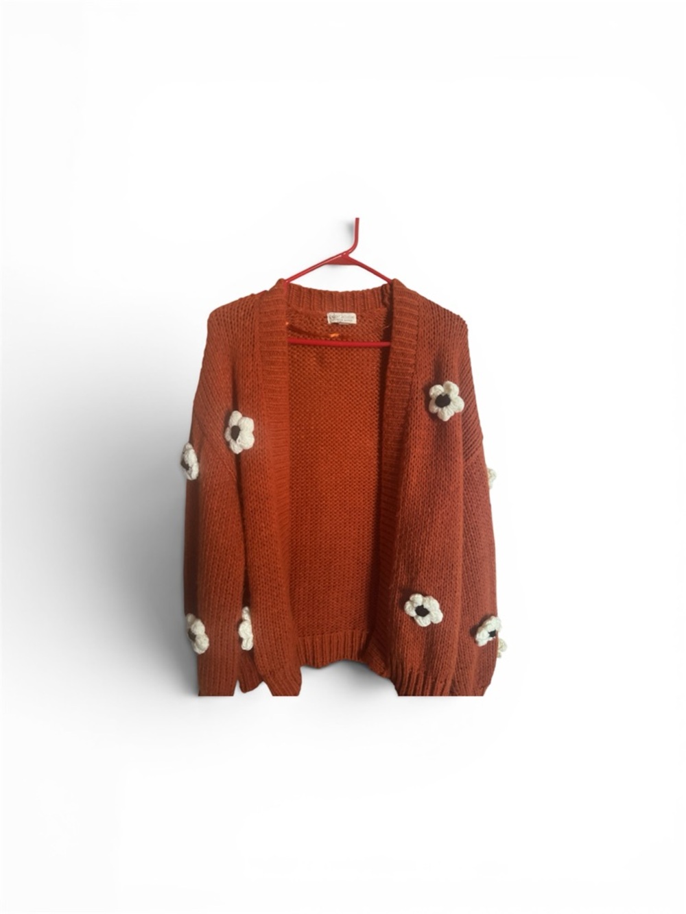 Cato Rust Open-Front Cardigan with White Floral Appliqués